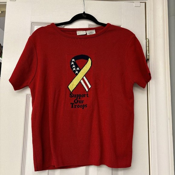 Vintage White Stag Support Our Troops Red Short Sleeve Sweater Women's Sz M - Picture 1 of 6